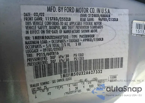 2002 Mercury Sable Gs/Gs Plus from USA, damaged, VIN 1MEFM50UX2A627332